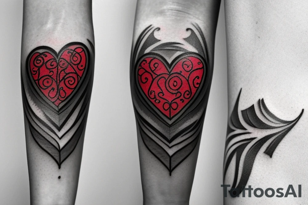 Red heart shaped gem with black and grey filigree surrounding it tattoo idea