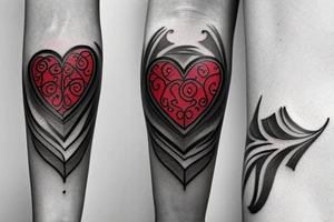 Red heart shaped gem with black and grey filigree surrounding it tattoo idea