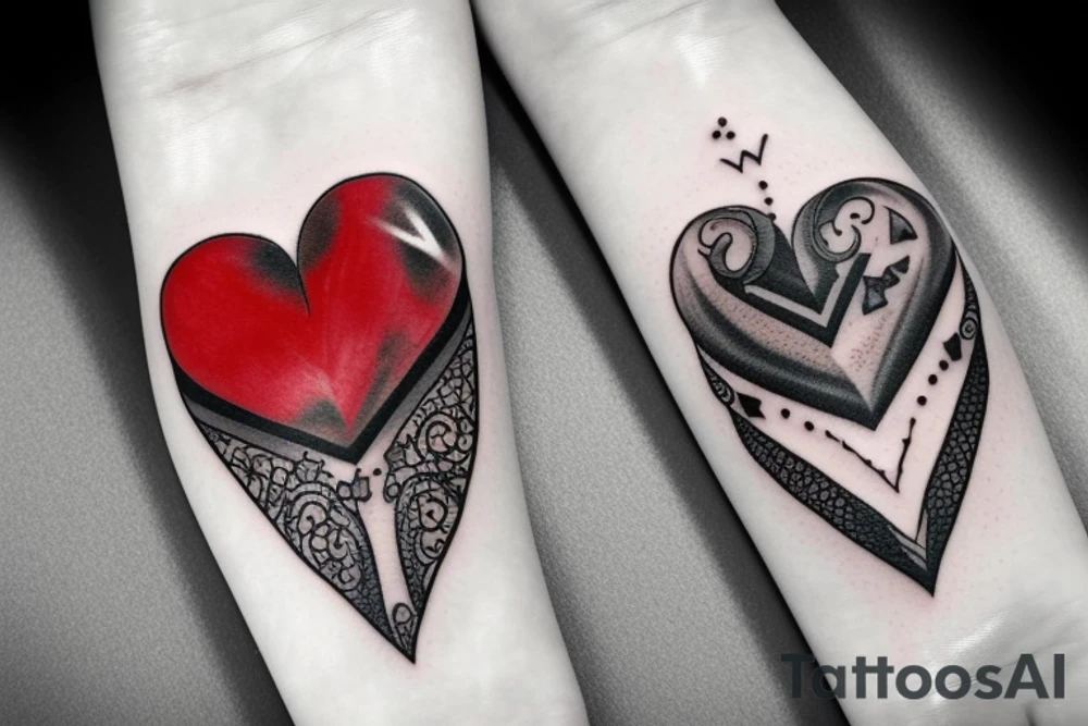 Red heart shaped gemstone with black and grey filigree surrounding it tattoo idea