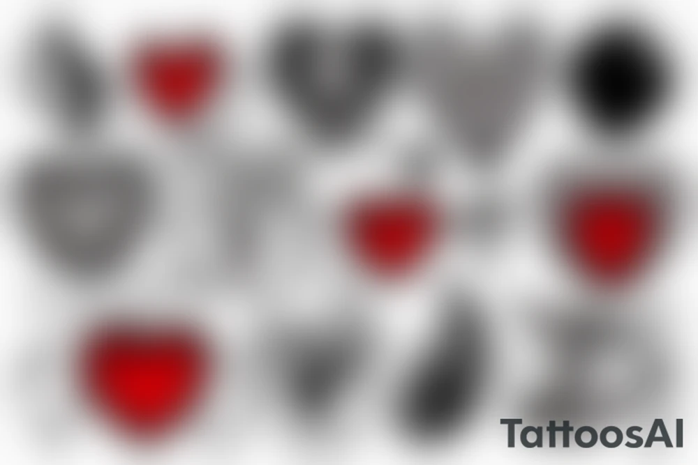 Red heart shaped gemstone with black and grey filigree surrounding it tattoo idea