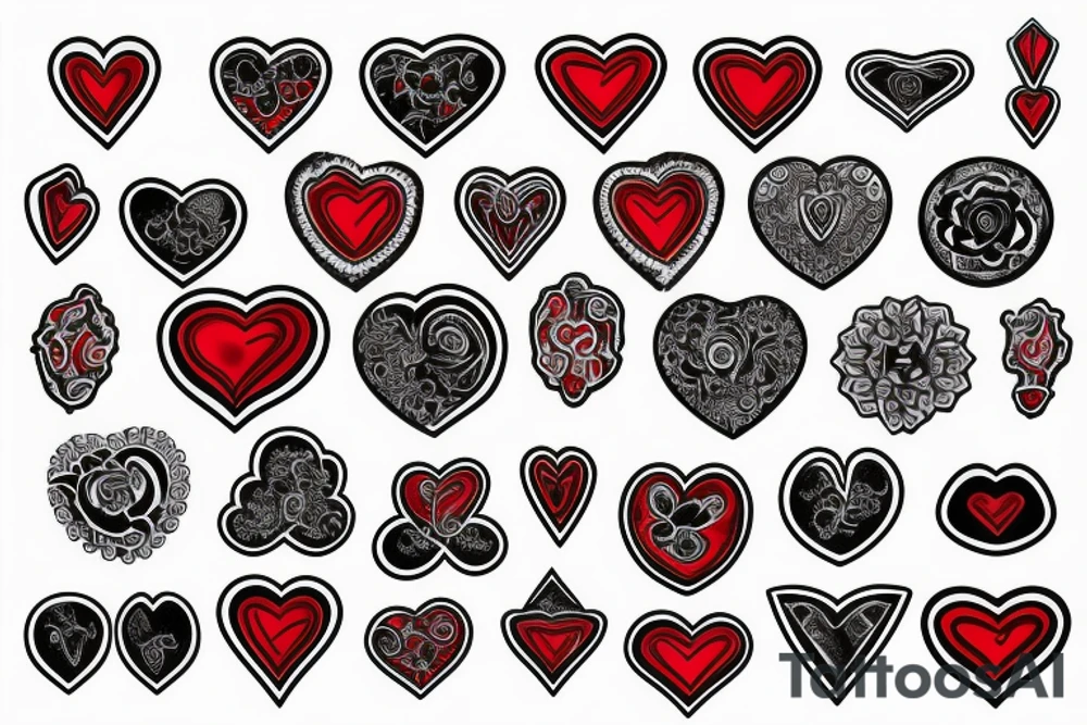 Realistic red gemstone in the shape of a heart, surrounded by black and grey filigree tattoo idea