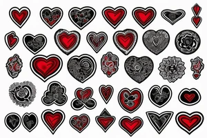 Realistic red gemstone in the shape of a heart, surrounded by black and grey filigree tattoo idea