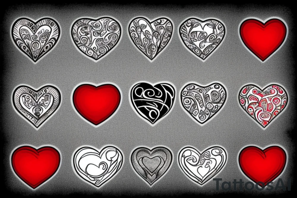 Realistic red gemstone in the shape of a heart, surrounded by black and grey filigree tattoo idea