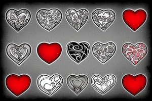 Realistic red gemstone in the shape of a heart, surrounded by black and grey filigree tattoo idea
