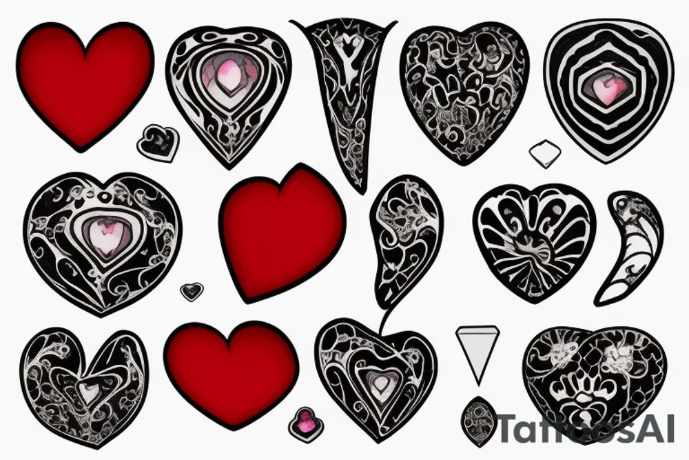 Realistic red gemstone in the shape of a heart, surrounded by black and grey filigree tattoo idea