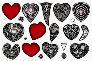 Realistic red gemstone in the shape of a heart, surrounded by black and grey filigree tattoo idea