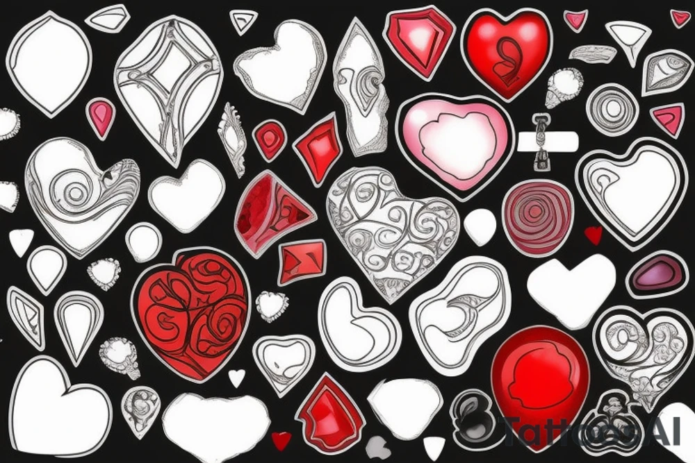 Realistic red gemstone in the shape of a heart, surrounded by black and grey filigree tattoo idea