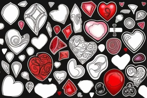Realistic red gemstone in the shape of a heart, surrounded by black and grey filigree tattoo idea