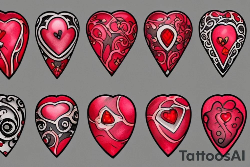 Realistic red gemstone in the shape of a heart, surrounded by black and grey filigree tattoo idea