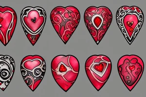 Realistic red gemstone in the shape of a heart, surrounded by black and grey filigree tattoo idea