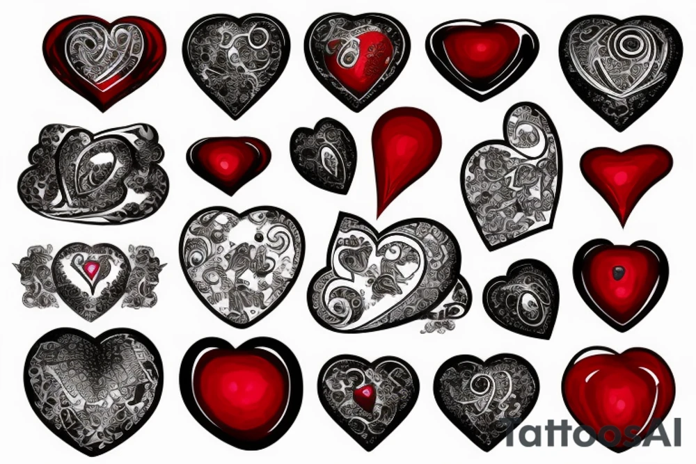 Realistic red gemstone in the shape of a heart, surrounded by black and grey filigree tattoo idea