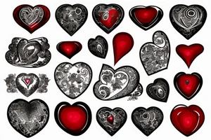 Realistic red gemstone in the shape of a heart, surrounded by black and grey filigree tattoo idea