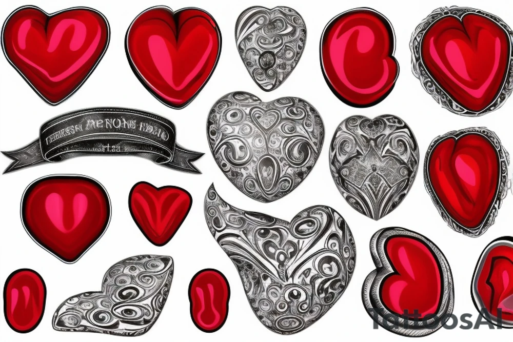 One big realistic red gemstone in the shape of a heart, surrounded by black and grey filigree tattoo idea