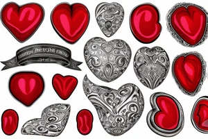 One big realistic red gemstone in the shape of a heart, surrounded by black and grey filigree tattoo idea