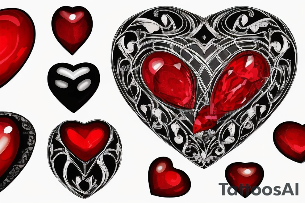 One big realistic red gemstone in the shape of a heart, surrounded by black and grey filigree tattoo idea
