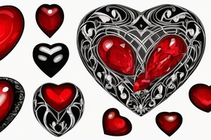 One big realistic red gemstone in the shape of a heart, surrounded by black and grey filigree tattoo idea