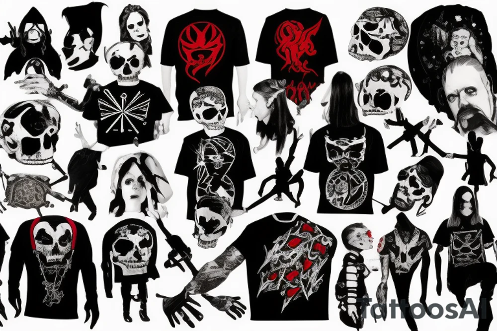 trash polka, full sleeve with side neck, black and red, without skulls tattoo idea