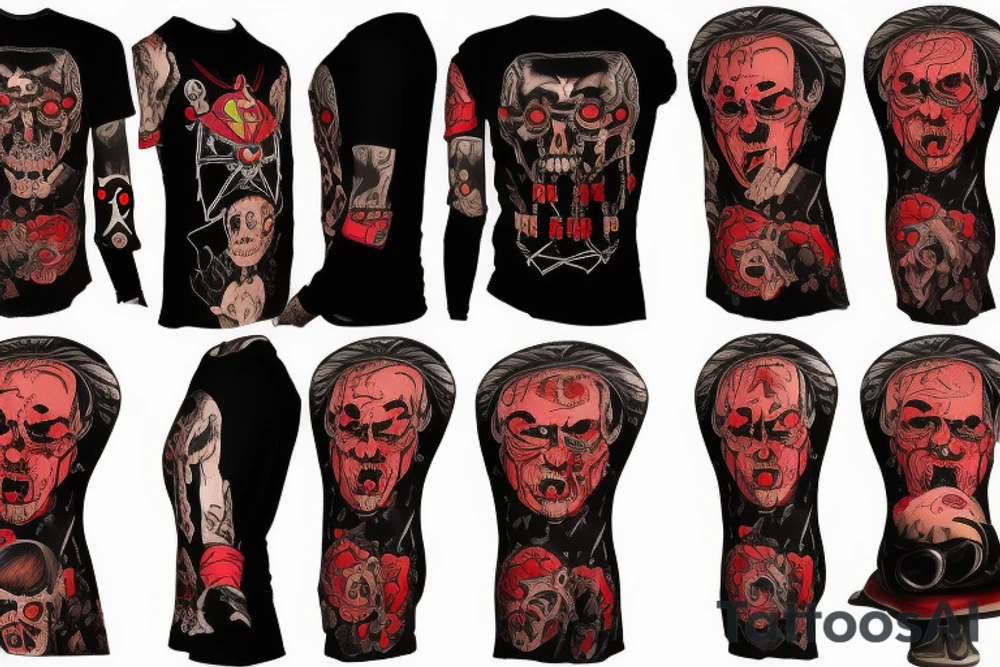 trash polka, full sleeve with side neck, black and red, without skulls tattoo idea
