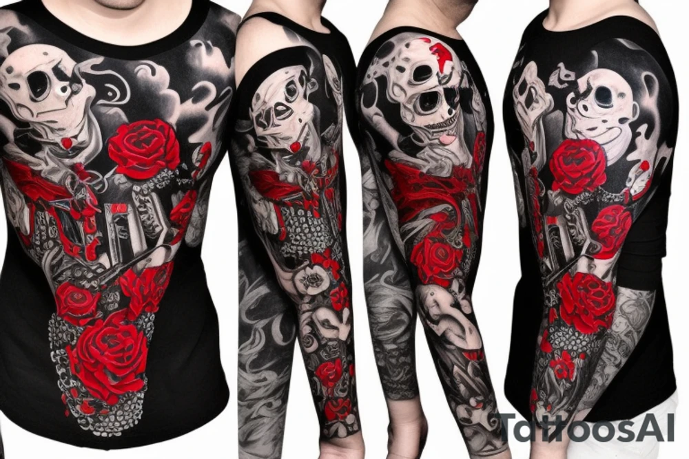 trash polka, full sleeve with side neck, black and red, without skulls tattoo idea
