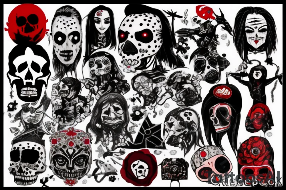 trash polka, full sleeve with side neck, black and red, without skulls tattoo idea