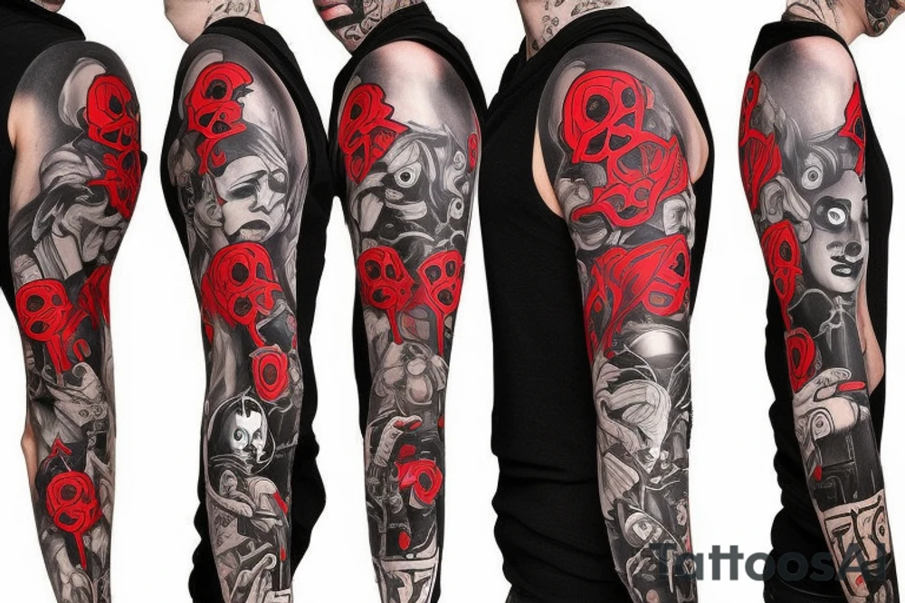 trash polka, full sleeve with side neck, black and red, without skulls tattoo idea