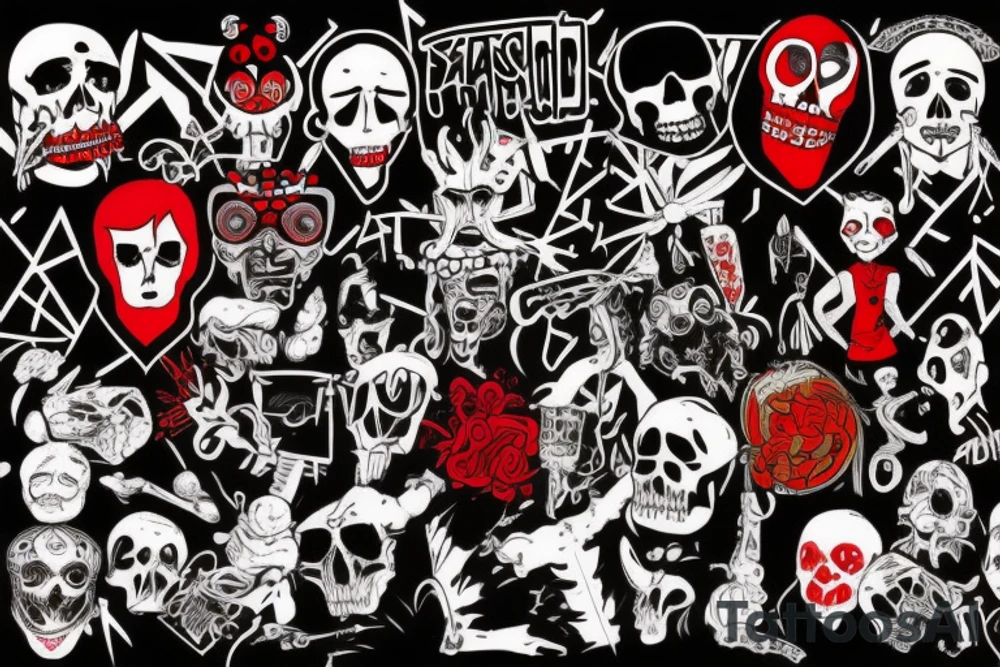 trash polka, full sleeve with side neck, black and red, without skulls tattoo idea