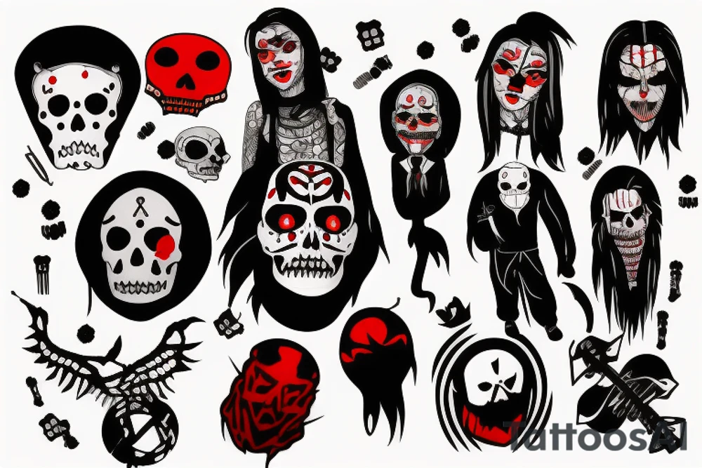 trash polka, full sleeve with side neck, black and red, without skulls tattoo idea