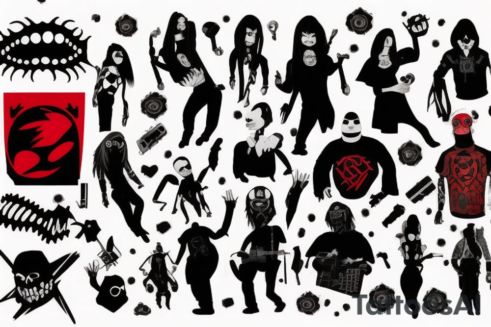trash polka, full sleeve with side neck, black and red, without skulls tattoo idea