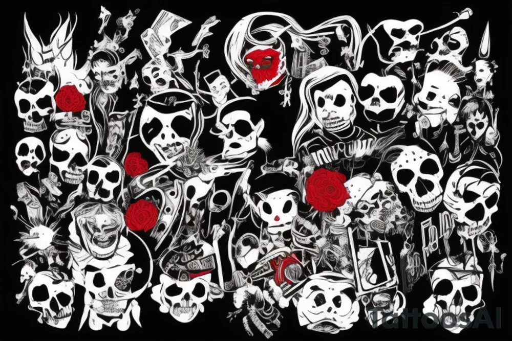 trash polka, full sleeve with side neck, black and red, without skulls tattoo idea