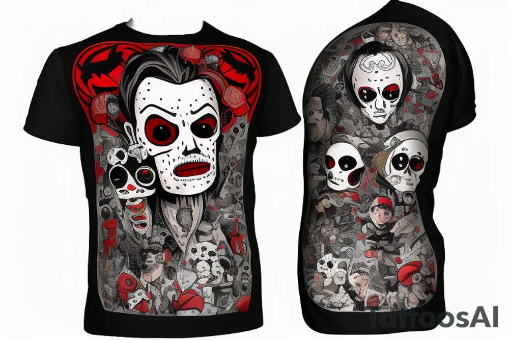 trash polka, full sleeve with side neck, black and red, without skulls tattoo idea
