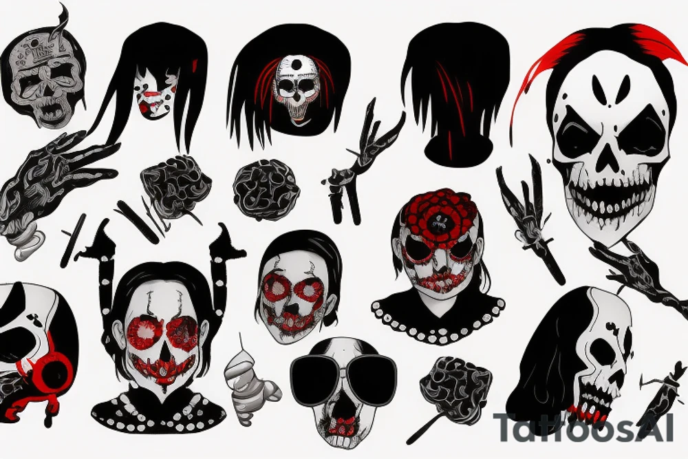 trash polka, full sleeve with side neck, black and red, without skulls tattoo idea