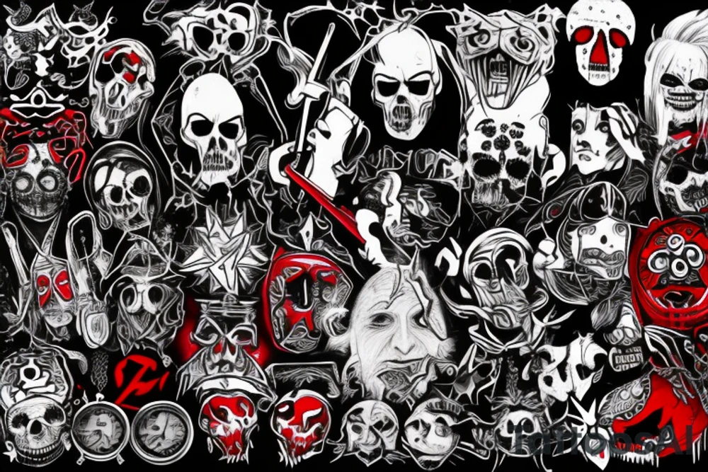 full sleeve with side neck, trash polka, , black and red, without skulls tattoo idea