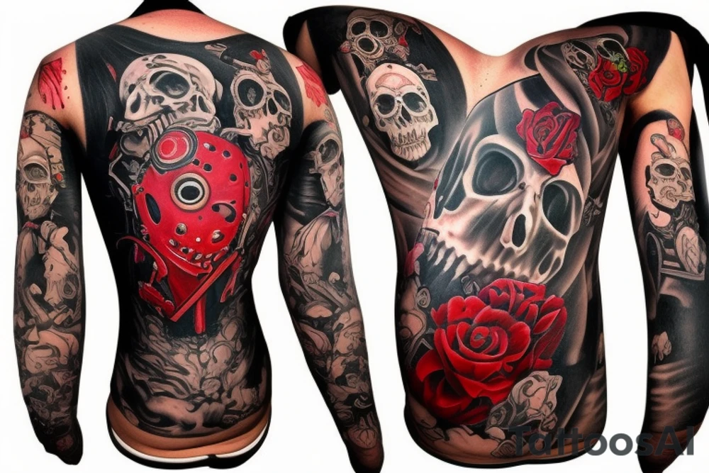 full sleeve with side neck, trash polka, , black and red, without skulls tattoo idea