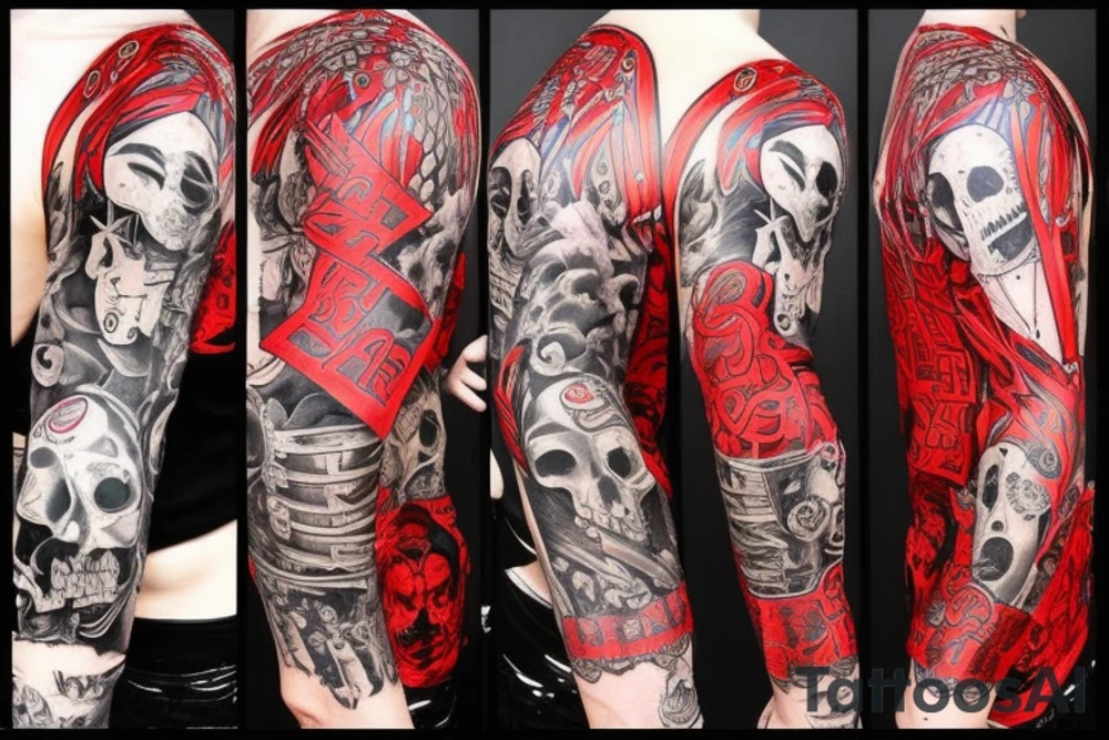 full sleeve with side neck, trash polka, , black and red, without skulls tattoo idea