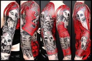 full sleeve with side neck, trash polka, , black and red, without skulls tattoo idea