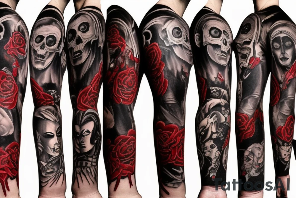 full sleeve with side neck, trash polka, , black and red, without skulls tattoo idea