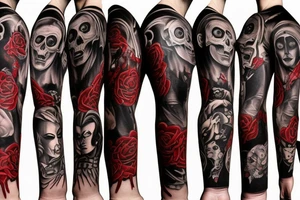 full sleeve with side neck, trash polka, , black and red, without skulls tattoo idea