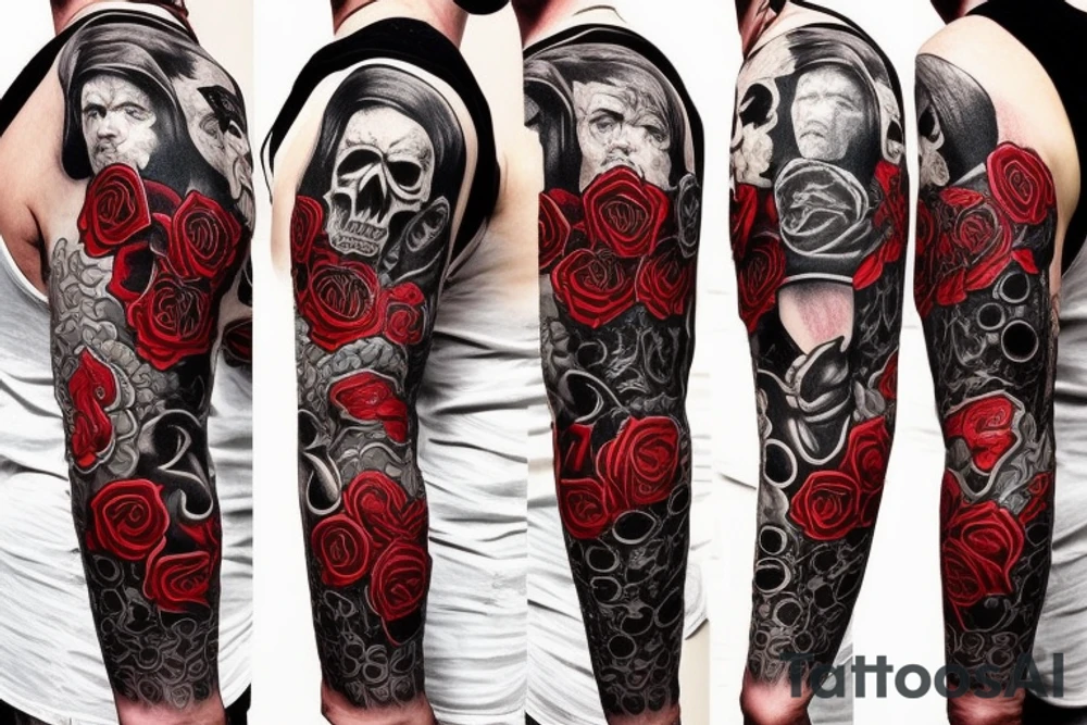 full sleeve with side neck, trash polka, , black and red, without skulls tattoo idea