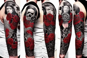 full sleeve with side neck, trash polka, , black and red, without skulls tattoo idea