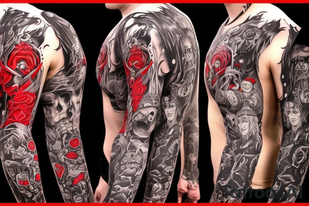 full sleeve with side neck, trash polka, , black and red, without skulls tattoo idea