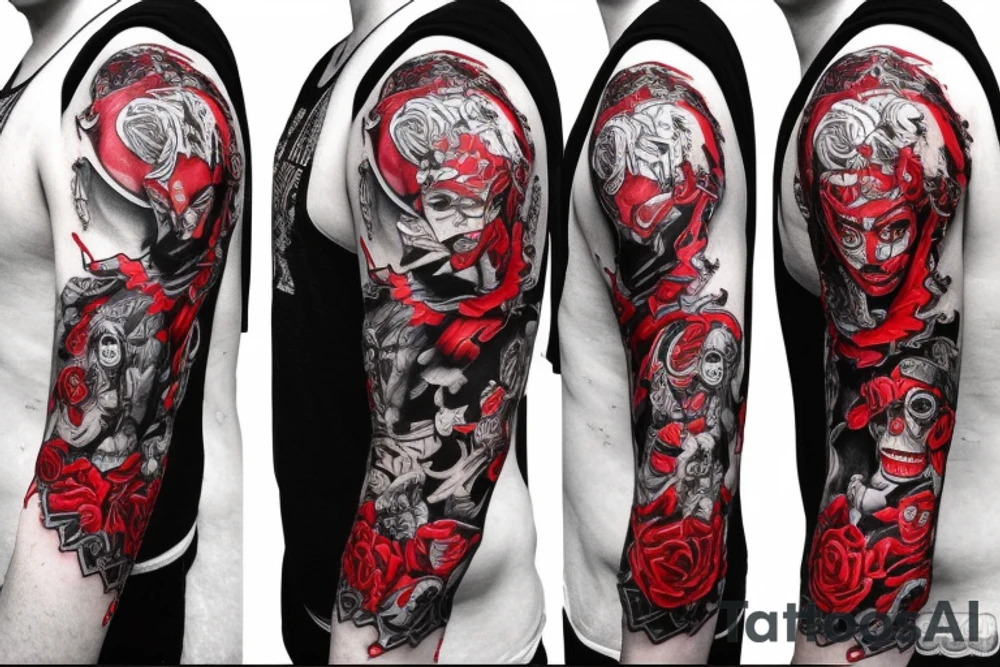 full sleeve with side neck, trash polka, , black and red, without skulls tattoo idea