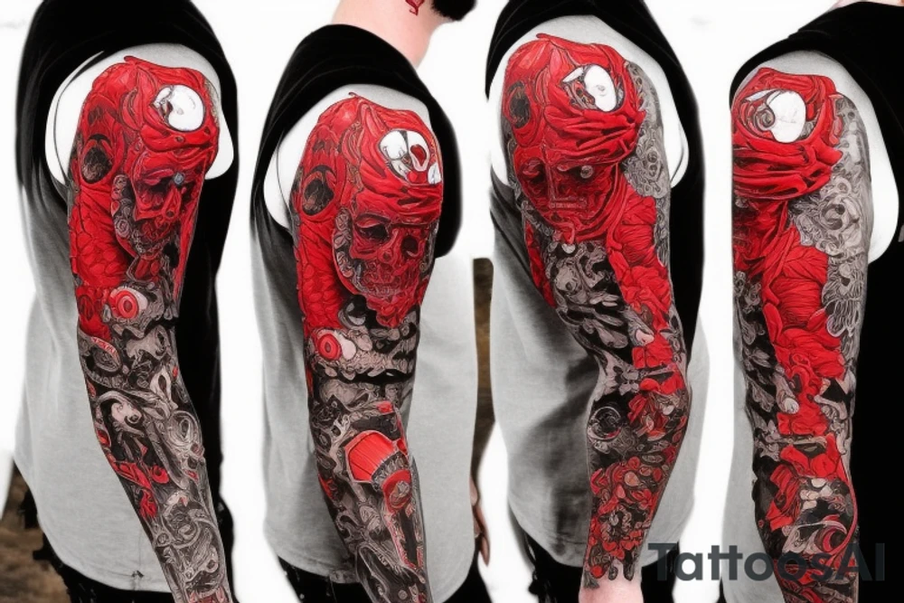 full sleeve with side neck, trash polka, , black and red, without skulls tattoo idea