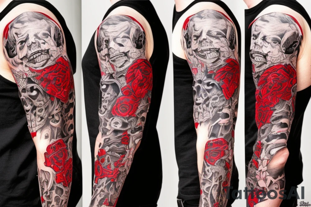 full sleeve with side neck, trash polka, , black and red, without skulls tattoo idea