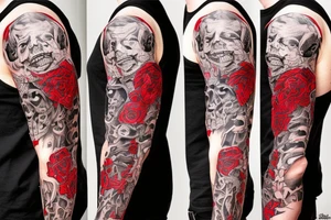 full sleeve with side neck, trash polka, , black and red, without skulls tattoo idea