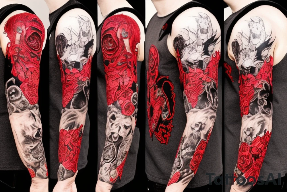 full sleeve with side neck, trash polka, , black and red, without skulls tattoo idea
