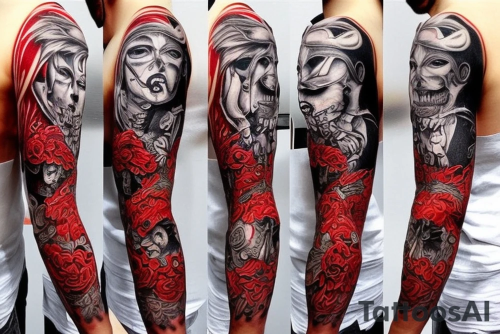 full sleeve with side neck, trash polka, , black and red, without skulls tattoo idea