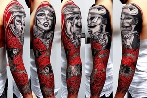 full sleeve with side neck, trash polka, , black and red, without skulls tattoo idea