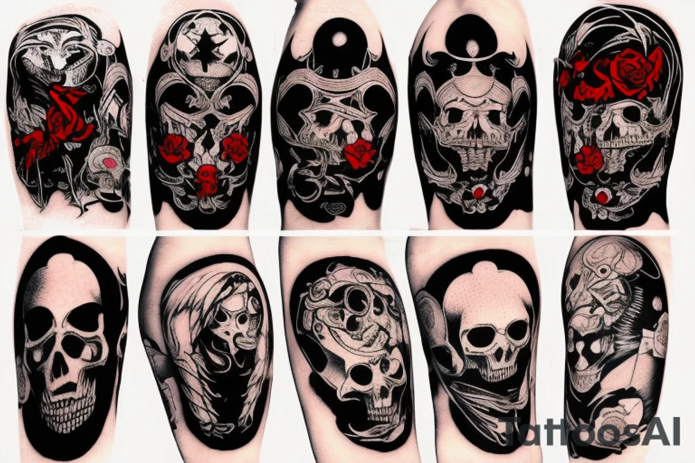 full sleeve with side neck, trash polka, , black and red, without skulls tattoo idea