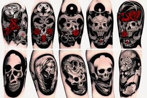 full sleeve with side neck, trash polka, , black and red, without skulls tattoo idea