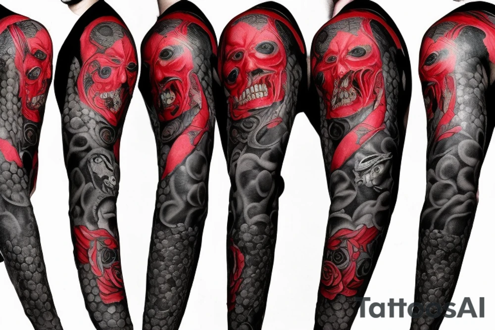 full sleeve with side neck, trash polka, , black and red, without skulls tattoo idea